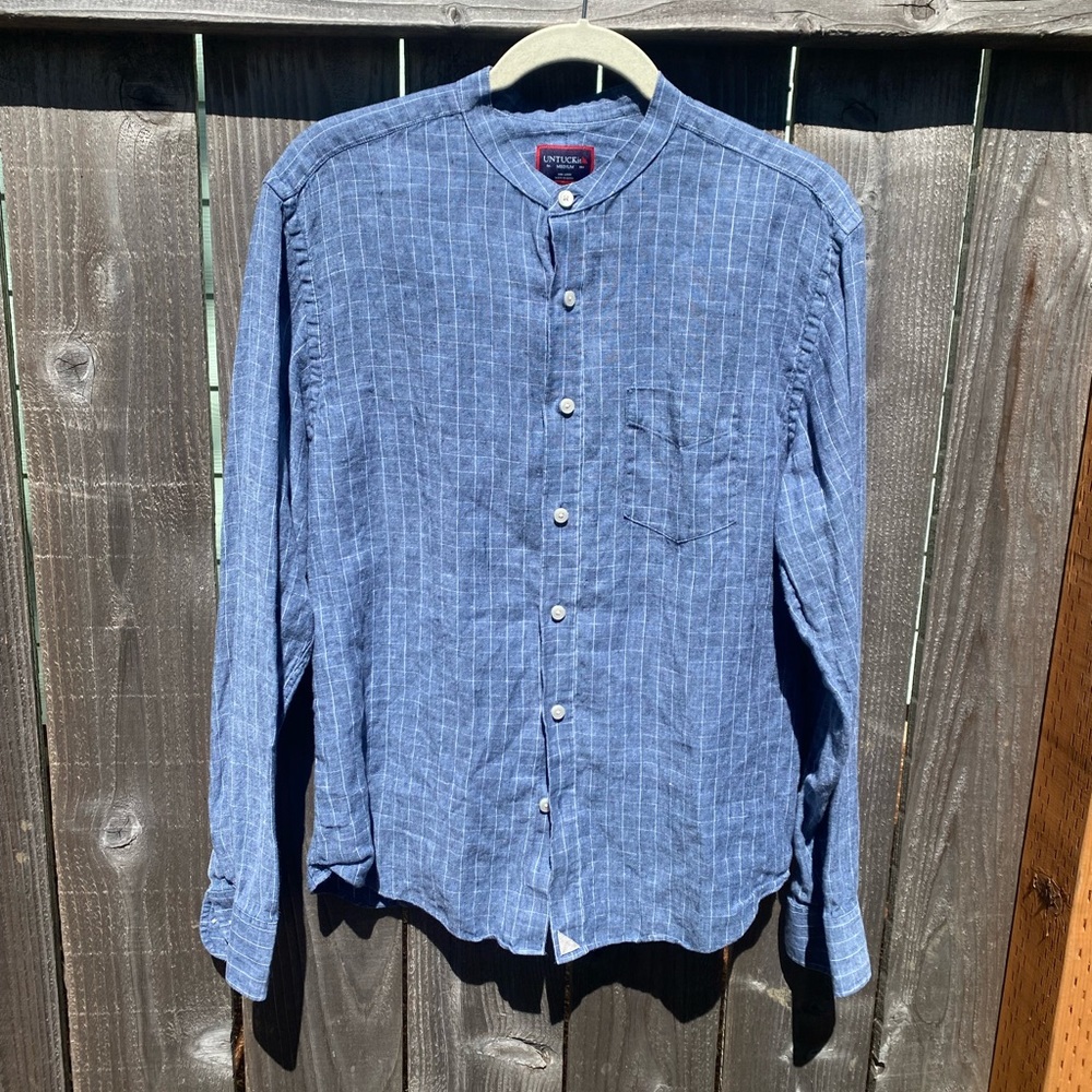 UNTUCkit 100% linen mens M band collar blue plaid check long sleeve